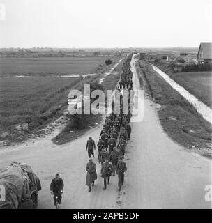 Capitolazione: Soest Descrizione: Colonna tedeschi sulla via del ritorno [dopo aver ceduto armi e attrezzature] Annotazione: Foto da una posizione alta. Soldato di fronte sta facendo uno scherzo con il suo cappello. Sinistra un roadsign (sinistra Amsterdam) Data: 1945 Parole Chiave: Capitulations, militare, seconda guerra mondiale Foto Stock
