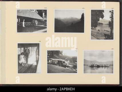 PhotoAlbum Fisherman: First Karakoru Expedition, 1922 Descrizione: Copertina album con sei foto. In alto a sinistra: Il bungalow del residente in Gulmarg; in alto a destra: Vista Del Pir Panjab da Gulmarg; in alto a destra: Vista di Srinagar e del fiume Jhelum; in basso a sinistra: Jenny Visser-Hooft e Ph.C. Visser at the Warandahotel in Srinagar; in basso a destra: Jenny Visser-Hooft e Ph.C. Barca a Srinagar; in basso a destra: La guida svizzera Brantschen con bagaglio sul lago Gandabal Data: 1922/06/13 luogo: Gulmarg, India, Srinagar Parole Chiave: Montagne, hotel, laghi, fiumi, navi Nome utente: Brantschen, Franz Johann, Fi Foto Stock