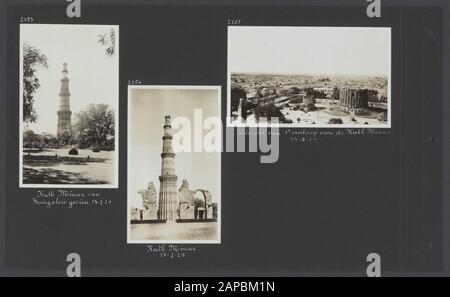 PhotoAlbum Fisherman: Third Karakoru Expedition, 1929 Descrizione: Album con tre foto. Sinistra: Il Minar Kutb [Qutub Minar] visto da Bungalow; centro: Il Minar Kutb [Qutub Minar]; vista destra della terza torre del Minar Kutb [Qutub Minar] Data: 1929/03/13 Parole Chiave: Templi Foto Stock