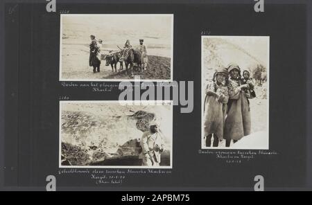 Photo Album Fisherman: Third Karakoru Expedition, 1929 Descrizione: Album sheet con tre immagini, in alto a sinistra: Indigeni abitanti arando tra Dras e Shimsha-Kharbu; in basso a sinistra: Il topografo Khan Sahib, membro della spedizione, per una pietra scolpita tra Shimsha Kharbu e Kargil; a destra: Donne indigene con un bambino tra Shimsha Kharbu e Kargil Data: 9 maggio 1929 posizione: India, Kargil, Shimsha-Kharbu Parole Chiave: Sculture, spedizioni, popolazione indigena, karting Foto Stock