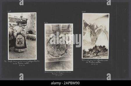 Photo Album Fisherman: Third Karakoru Expedition, 1929 Descrizione: Album con tre foto. Sinistra: Lama principale nel monastero dei lama nella valle del Nubra; mezzo: Ruota di vita nel monastero dei lama nella valle del Nubra; destra: Vista dal monastero dei lama nella valle del Nubra Data: 30 giugno 1929 luogo: India, Panamik Parole Chiave: Valli, spedizioni, fiumi Foto Stock