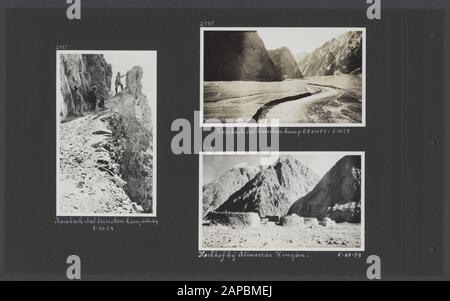 Photo Album Fisherman: Third Karakoru Expedition, 1929-1930 Descrizione: Album Sheet with three photos. Sinistra: Membri della spedizione nella valle di Karadash tra il campo 68 e 69; in alto a destra: Valle di Karakash tra il campo 68 e 69; in basso a destra: Un cimitero ad Alinazzar Gurgan Data: 5 ottobre 1929 luogo: Cina Parole Chiave: Cimiteri, montagne, spedizioni Foto Stock