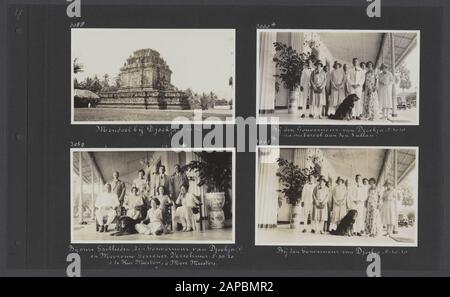 Photoalbum Fisherman: Dutch East Indies, China, Japan, Netherlands, Switzerland, 1930 Descrizione: Albumblad Con Quattro Fotografie. In alto a sinistra: il candi Mendut vicino Jogykarta su Java; in basso a sinistra: Jenny Visser-Hooft e il cane Patiala con il governatore di Jogyakarta Gesseler Shiffr e sua moglie (seconda e terza da destra nella seconda fila), e la coppia Masters (rispettivamente completamente a sinistra nella seconda fila e interamente a destra nella prima fila) nel palazzo del governatore a Jogyakarta; In alto a destra: Jenny Visser-Hooft e il cane Patiala al governatore di Jogyakarta dopo la visita al Foto Stock