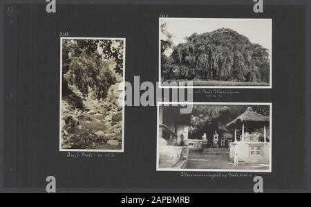 Photoalbum Fisherman: Dutch East Indies, China, Japan, Netherlands, Switzerland, 1930 Descrizione: Albumblad Con Tre Foto. Sinistra: Fiume nel sud di Bali: In alto a destra: Un albero di waringin nel sud di Bali; in basso a destra: La grotta di pipistrello vicino Kusumba a Bali Data: 1930/10/19 Parole Chiave: Alberi, grotte, pipistrelli Foto Stock