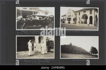 Photoalbum Fisherman: Dutch East Indies, China, Japan, Netherlands, Switzerland, 1930 Descrizione: Albumblad Con Quattro Fotografie. In alto a sinistra: L'azienda parte da Cheribon; da sinistra a destra: Il servo Xavier, il cane Patiala, Jenny Visser-Hooft, il servo Paulus; in basso a sinistra: Jenny Visser-Hooft con la coppia Hombrink di fronte alla loro casa a Semarang; in alto a destra: L'azienda di fronte alla famiglia Hombrink; in basso a destra: Il Borobudur vicino a Jogyakarta su Java. Il Sig. Hombrink è stato agente della Crediet- and Trade Association 'Rotterdam' a Semarang Data: 1930/10/05 luogo: Cheribon, Indon Foto Stock