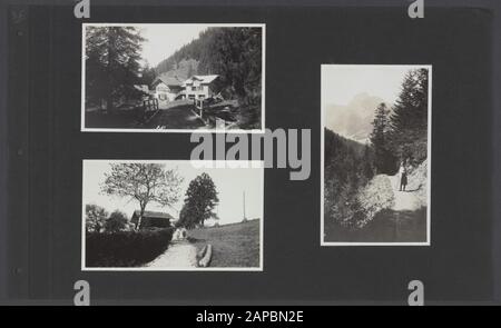 PhotoAlbum Fisherman: Dutch East Indies, China, Japan, Netherlands, Switzerland, 1930 Descrizione: Album sheet con tre foto scattate in Svizzera o Austria Data: 1931/01/01 Località: Austria, Svizzera Parole Chiave: Montagne, case residenziali Foto Stock