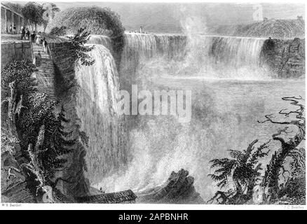 Un'incisione delle Cascate del Niagara (dalla cima della scala sul lato americano) scansionata ad alta risoluzione da un libro stampato nel 1840. Foto Stock