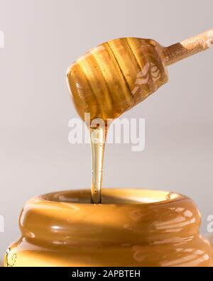 Una vista ravvicinata di un bilanciere di miele che gocciola con miele in una pentola di miele. Foto Stock