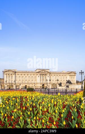 La facciata di Buckingham Palace, residenza ufficiale della Regina d'Inghilterra, Westminster, Londra Foto Stock