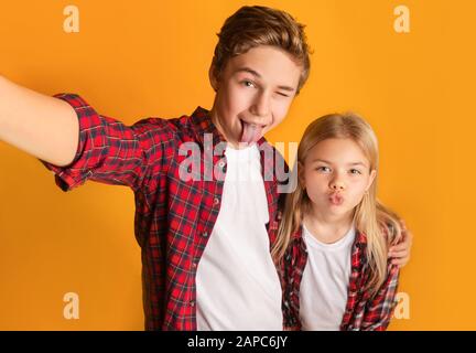 Fratello piccolo e sorella che prendono selfie, facendo i volti divertenti Foto Stock