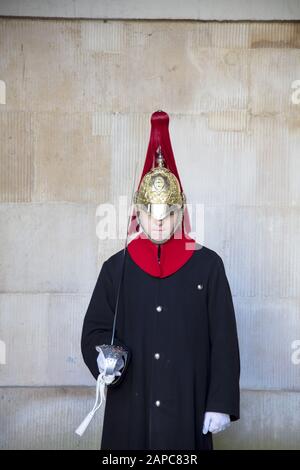 Un soldato dei reggimenti Blues e Royals dei Bagnini della Regina in guardia alle guardie del Cavallo a Londra Foto Stock