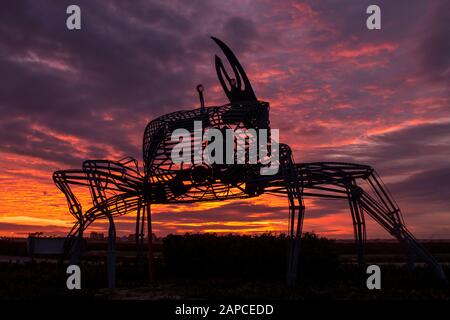 Faro, PORTOGALLO: 8th DICEMBRE 2019 - statua del granchio nelle paludi naturali al tramonto situato a Ria Formosa, Algarve, Portogallo. Foto Stock