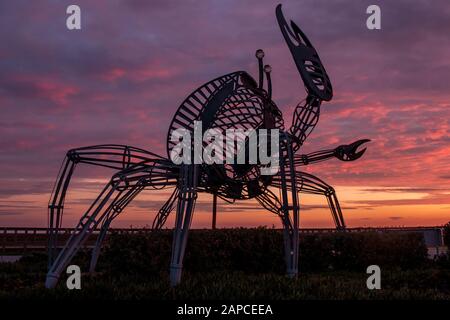 Faro, PORTOGALLO: 8th DICEMBRE 2019 - statua del granchio nelle paludi naturali al tramonto situato a Ria Formosa, Algarve, Portogallo. Foto Stock