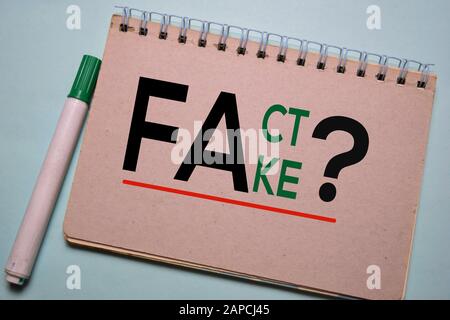 Fact o Fake scrivere su un libro isolato sulla scrivania dell'ufficio. Foto Stock