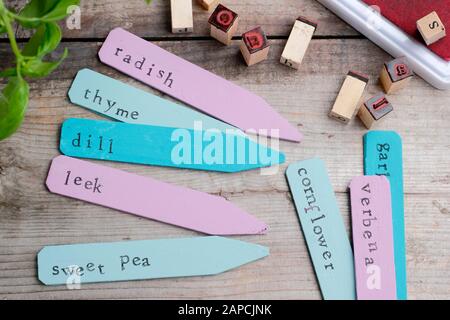 Riciclare le etichette degli impianti di legno utilizzando vernici e un francobollo a lettere poco costoso Foto Stock