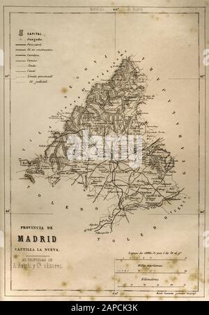 Spagna. Mappa della provincia di Madrid. Cronica General de Espana, Historia Ilustrada y Descriptiva de sus Provincias. Castilla-La Nueva, 1869. Foto Stock