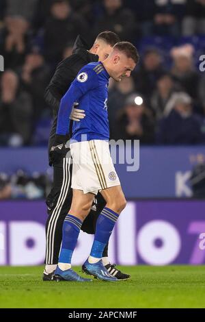 Leicester, Regno Unito. 22nd Gen 2020. Jamie Vardy di Leicester City si ferì durante la partita della Premier League tra Leicester City e West Ham United al King Power Stadium il 22nd gennaio 2020 a Leicester, Inghilterra. (Foto di Daniel Chesterton/phcimages.com) Credit: PHC Images/Alamy Live News Foto Stock