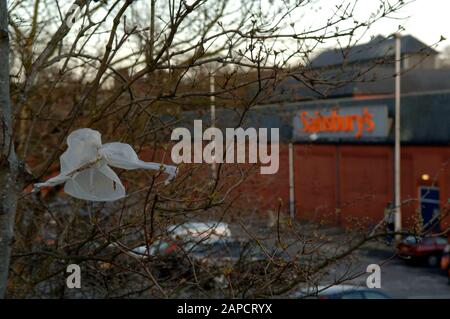 Sacchetti di plastica litterati catturati in un albero d in un supermercato Sainbury a Uxbridge nel 2008 in mezzo a campagne per ridurre la fornitura gratuita di borse usa e getta emesse dai supermercati. Foto Stock