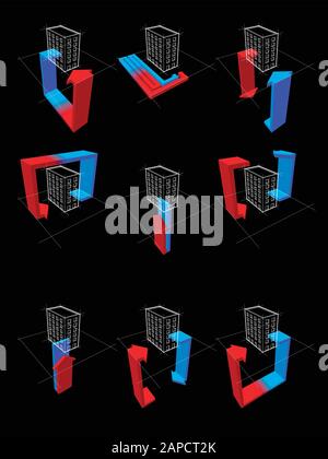 raccolta di nove schemi di pompe di calore su esempio di casa di appartamenti che mostrano le possibilità di utilizzo della pompa di calore Illustrazione Vettoriale