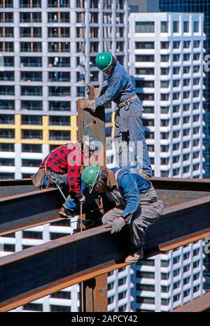Operai edili su travi in ferro che lavorano in alto su una torre di uffici Foto Stock