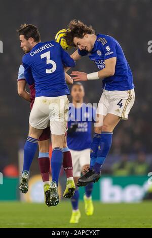 Leicester, Regno Unito. 22nd Gen 2020. Caglar Soyuncu di Leicester City e ben Chilwell di Leicester City durante la partita della Premier League tra Leicester City e West Ham United al King Power Stadium il 22nd gennaio 2020 a Leicester, in Inghilterra. (Foto di Daniel Chesterton/phcimages.com) Credit: PHC Images/Alamy Live News Foto Stock