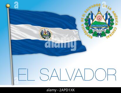 Bandiera nazionale ufficiale e stemma di El Salvador, paese dell'america centrale, amministrazione vettoriale Illustrazione Vettoriale