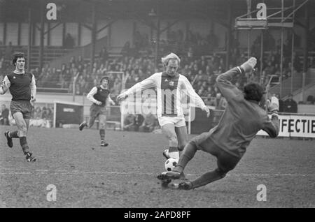 AJAX contro Haarlem, amichevole partita; Brokamp in duello con portiere Boersma Data: 8 febbraio 1976 posizione: Haarlem Parole Chiave: Sport, calcio Nome personale: Brokamp Foto Stock