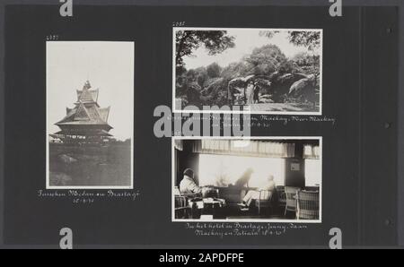 Album fotografico Fisherman: Third Karakorum Expedition, Burma, Dutch East Indies 1930 Descrizione: Albumblad con tre foto. A sinistra: Una casa cerimoniale Karo-Batak tra Medan e Brastagi; a destra Jenny Visser-Hooft e la coppia Mackay in un giardino di palme tra Medan e Brastagi; in basso a destra: Jenny Visser-Hooft, Daan Mackay e il cane Patiala in hotel in Brastagi Annotation: Daan Mackay era sindaco di Medan. La coppia Visser si trovava nelle Indie Orientali Olandesi per tenere conferenze sulle loro spedizioni Data: 18 settembre 1930 luogo: Indonesia, Indie Orientali Olandesi, Sumatra Parole Chiave: Cani, alberghi, palme Foto Stock