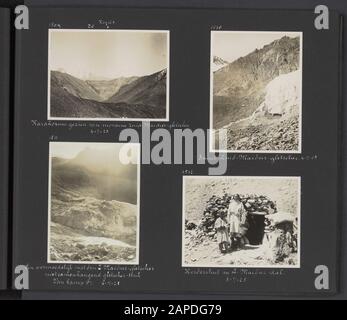 Photo Album Fisherman: Second Karakorum Expedition Descrizione: Album con quattro immagini. In alto a sinistra: La catena principale di Karakorum vista dalla morena del ghiacciaio del Maidur meridionale. In alto a destra: Lingua glaciale del ghiacciaio del Maidur meridionale. In basso a sinistra: Area del ghiacciaio non collegata al ghiacciaio del Maidur meridionale, vista dal campo 47. In basso a destra: Due residenti di fronte alla capanna del pastore nella valle del Maidur Sud Data: 1 gennaio 1925 luogo: Karakorum, Maidur, Pakistan Parole Chiave: Spedizioni, ghiacciai, pastori Foto Stock