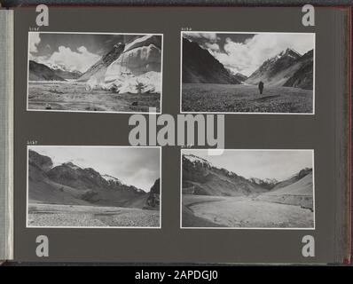 Photo Album Fisherman: Fourth Karakorum Expedition, 1935 Descrizione: Album con quattro foto. In alto a sinistra: La valle di Shaksgam con la lingua glaciale in primo piano. In alto a destra: Valle di Shaksgam. In basso a sinistra: Valle di Shaksgam. In Basso A Destra: Shakshgam-Valley Data: 1 Gennaio 1935 Luogo: Cina, Karakorum, Pakistan, Shaksgam Parole Chiave: Spedizioni, Ghiacciai Foto Stock