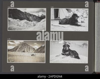 Photo Album Fisherman: Quarta Karakorum-Expedition, 1935 Descrizione: Album con quattro foto. In alto a sinistra: Ghiacciaio senza nome visto in basso. In alto a destra: Il cane Jesser, un mastiff tibetano. In basso a sinistra: Nello Shyok-dal. In basso a destra: Il cane Jesser, un mastiff tibetano. Data: 1 gennaio 1935 luogo: India, Karakorum, Pakistan Parole Chiave: Spedizioni, ghiacciai, cani, valli Foto Stock