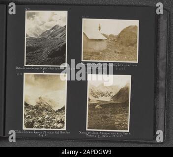 Foto Album Fisherman: Second Karakorum Expedition Descrizione: Album con quattro foto. In alto a sinistra: Vista dal campo 85 sul ghiacciaio della Batura. In alto a destra: Tenda nel campo 86 nella valle laterale settentrionale del ghiacciaio della Batura. In basso a sinistra: Vista dal campo 86 al sud. In basso a destra: Il campo 87in la valle del ramo meridionale del ghiacciaio settentrionale della Batura. Data: 1 gennaio 1925 luogo: Ghiacciaio della Batura, Karakorum, Pakistan Parole Chiave: Spedizioni, ghiacciai, tende Foto Stock