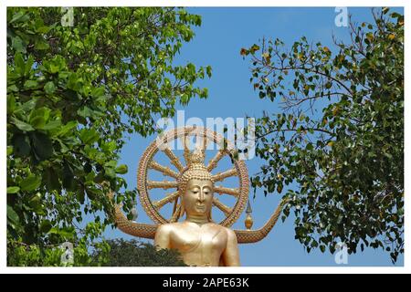 Famosa statua storica di Buddha che tocca il cielo nel tempio di Wat Phra Yai, Thailandia Foto Stock