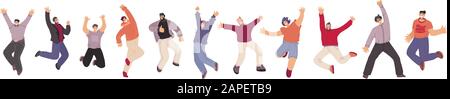 Raccolta vettoriale piatta di Illustrazione dell'uomo Felice, ballando e saltando con gioia, coraggio, felicità, isolato su sfondo bianco. Uomo allegro, unità Illustrazione Vettoriale