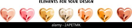 Set di cuori di metallo isolato su uno sfondo bianco. Elementi per la progettazione. Banner orizzontale per San Valentino. Cuore d'oro.. Illustrazione Vettoriale