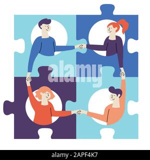 Concetto di business. Metafora del team. Persone che collegano gli elementi del puzzle. Illustrazione Vettoriale