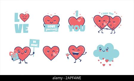 San Valentino cute cuore personaggi per San Valentino disegni, regalo tag e carte Illustrazione Vettoriale