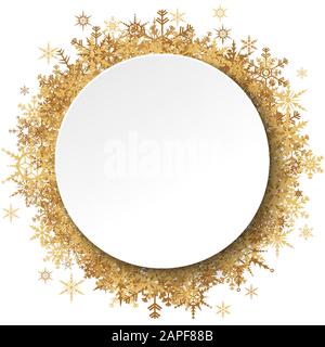 fiocchi d'oro dietro vuoto cornice rotonda per natale inverno saluti su sfondo bianco Illustrazione Vettoriale