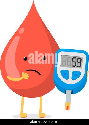 Carino cartone animato dubbio sangue goccia carattere con glucometro. Dispositivo di misurazione del glucosio per diabetici con indicazione del bordo del livello di zucchero. Vettore elevato diabete glucosio rischio di illustrazione piatta Illustrazione Vettoriale