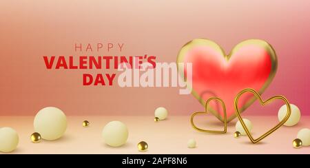 Biglietto d'auguri Happy Valentines Day. Realistico 3d cuori su sfondo rosso. Amore e matrimonio. Vettore Illustrazione Vettoriale