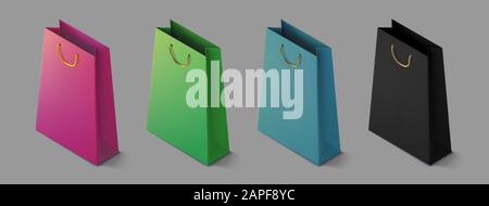 Impostare Carta realistico shoping colorati in borsa. Mockup pacchetto isometrica per gli acquisti. Borsetta 3d icon.Modello per prodotti, banner web e volantini. Vec Illustrazione Vettoriale