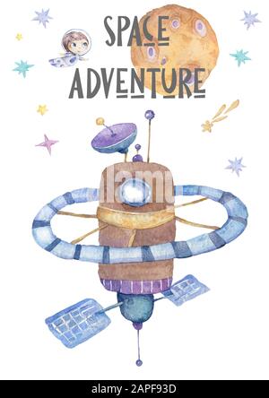Stazione spaziale mondiale orbitante intorno alla terra, carino watercolor cartoon illustrazione di spaceflight, astronave spaziale bacio con pannelli solari, artificiale Foto Stock