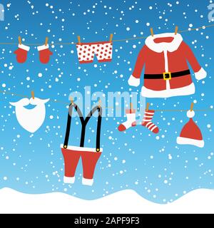 Vestiti di Babbo Natale appesi su una linea di vestiti e sfondo di neve di colore blu caduta Illustrazione Vettoriale