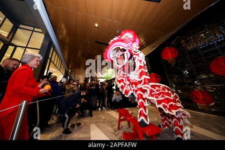 New York, Stati Uniti. 22nd Gen 2020. Gli attori suonano la danza del leone presso il centro commerciale Dei Cantieri di Hudson a New York, Stati Uniti, 22 gennaio 2020, per celebrare il nuovo anno cinese. Il Capodanno cinese lunare cade il 25 gennaio di quest'anno. Credito: Wang Ying/Xinhua/Alamy Live News Foto Stock