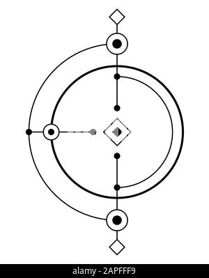 Simbolo geometrico astratto, solato su sfondo bianco. Forme lineari nere con punti nei giunti. Logo lineare. Segno di geometria sacra. Elegante. Illustrazione Vettoriale