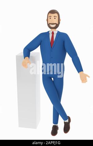 Personaggio dei cartoni animati, uomo d'affari vestito. Ritratto di un bel personaggio cartoon. rendering 3d Foto Stock