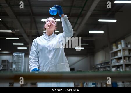 Giovane donna da laboratorio in camice bianco con matraccio con liquido blu nelle sue mani controlla la qualità su fondo defocused Foto Stock