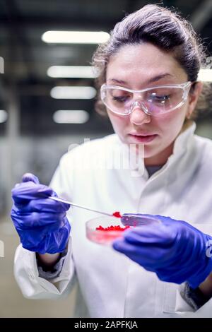 Giovane donna da laboratorio in bicchieri e pietri nelle sue mani sta conducendo esperimenti su sfondo defocused, primo piano Foto Stock