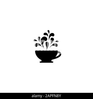 tazza con gocce che volano fuori. icona silhouette. Tazza con tè o caffè icona piatto. Pittogramma di linea marrone isolato su sfondo bianco. Illustrazione del vettore. Illustrazione Vettoriale