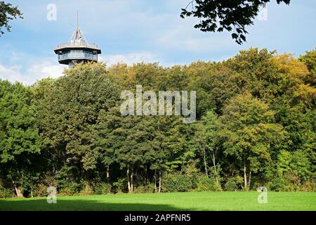 Vaals, Limburg, Paesi Bassi: King Boudewijn Tower al punto di tre paesi Germania Paesi Bassi Belgio, visto dalla foresta vicina Foto Stock